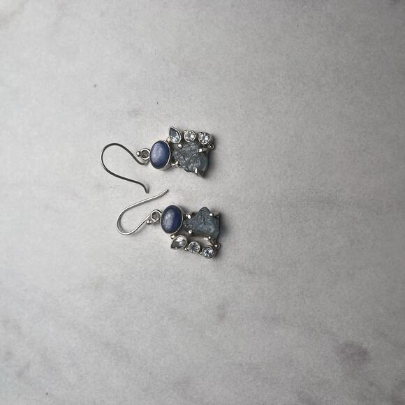 Sterling Silver 925 Earrings Rough Aquamarine Blue Topaz & Kyanite Hook Dangle - Picture 15 of 16